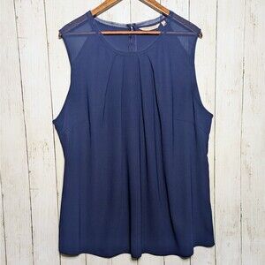 Soft Surroundings Navy Blue Sleeveless Blouse 2X Lined Semi Sheer Flowy Work Top